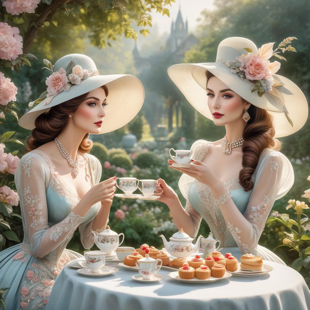  A couple of elegant women dressed in vintage gowns and hats, sipping tea and nibbling on delicate pastries at a lavish garden party. in the style of Albena Vatcheva, high definition acrylic art, extremely detailed, intricate, ornate, muted colours, acrylic on structured paper, elaborate, crisp quality hyperrealistic, full body, detailed clothing, highly detailed, cinematic lighting, stunningly beautiful, intricate, sharp focus, f/1. 8, 85mm, (centered image composition), (professionally color graded), ((bright soft diffused light)), volumetric fog, trending on instagram, trending on tumblr, HDR 4K, 8K