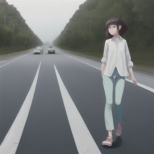  a girl wearing pant shirt walking on the road alone