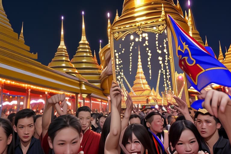  Party at the palace, celebrating victory outside Thai palace in the night sooooo many people There are warriors