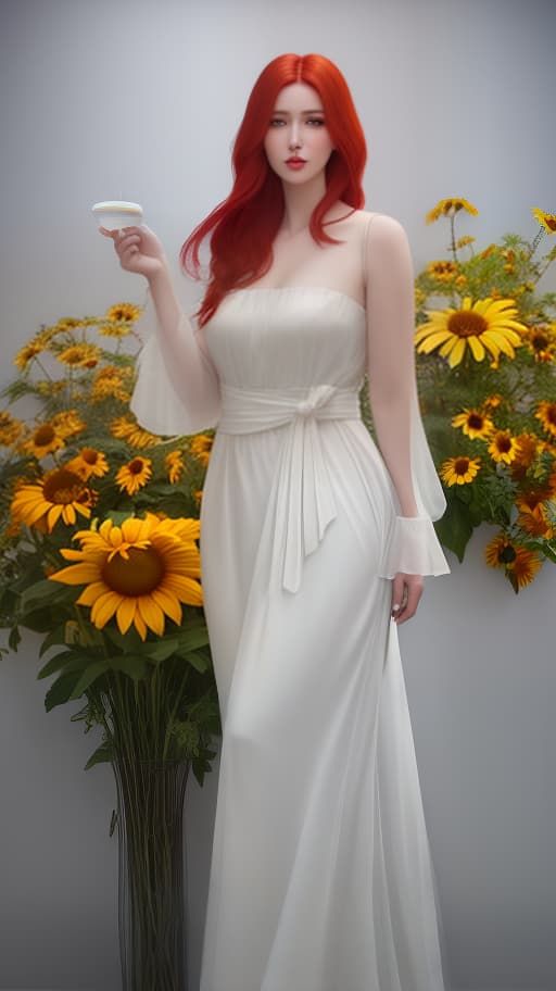  A girl with red hair in front of a white wall, holding yellow black eyed Susans (Rudbeckia hirta) in her hands, picture. hyperrealistic, full body, detailed clothing, highly detailed, cinematic lighting, stunningly beautiful, intricate, sharp focus, f/1. 8, 85mm, (centered image composition), (professionally color graded), ((bright soft diffused light)), volumetric fog, trending on instagram, trending on tumblr, HDR 4K, 8K