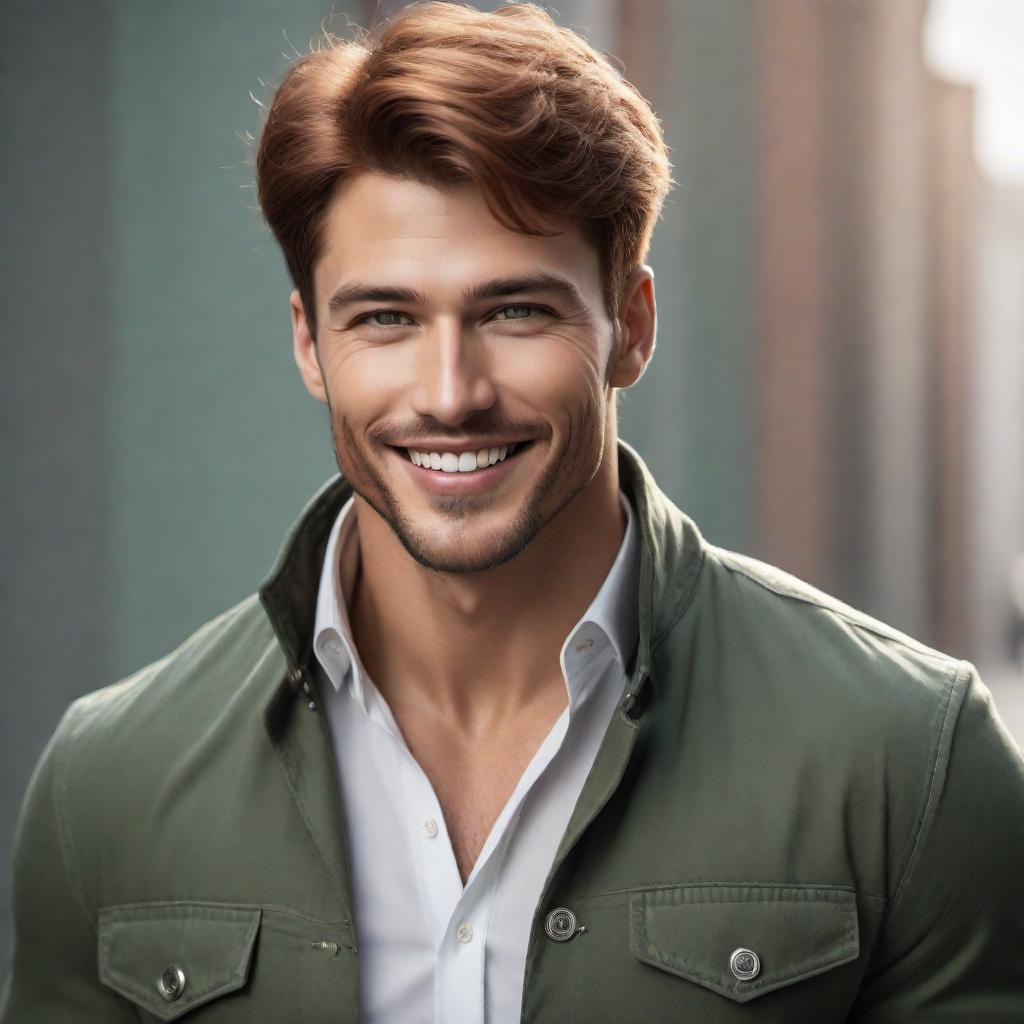  A tall, athletic man standing at 6 feet 3 inches with reddish-brown hair styled in a cowboy meets Caesar haircut. He has well-spaced green-grey eyes that are more round and exude a very kind expression. His fun-loving, contagious smile gives him a genuine warmth that touches the heart. His face is softer and rounder, with fuller, less defined cheeks and a childlike predisposition to genuine smiles. He has a well-proportioned nose to his smile, and his pearly white, straight teeth add to his seriously handsome appearance. hyperrealistic, full body, detailed clothing, highly detailed, cinematic lighting, stunningly beautiful, intricate, sharp focus, f/1. 8, 85mm, (centered image composition), (professionally color graded), ((bright soft diffused light)), volumetric fog, trending on instagram, trending on tumblr, HDR 4K, 8K