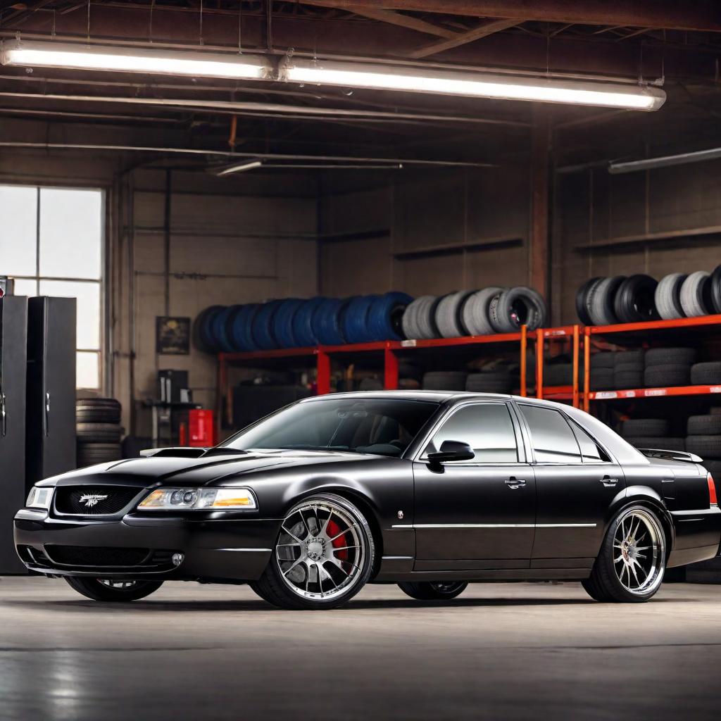  A modified Mercury Marauder with 700 horsepower, showcasing key upgrades. The car should display a muscular appearance with details of a supercharger/turbocharger kit, high-performance fuel injectors, a robust exhaust system with long tube headers, a high-performance radiator, and enhanced brakes with large calipers. The image should also highlight upgraded suspension components and high-performance tires. Visual emphasis on the powerful and aggressive look of the car, in a garage or workshop setting. hyperrealistic, full body, detailed clothing, highly detailed, cinematic lighting, stunningly beautiful, intricate, sharp focus, f/1. 8, 85mm, (centered image composition), (professionally color graded), ((bright soft diffused light)), volumetric fog, trending on instagram, trending on tumblr, HDR 4K, 8K