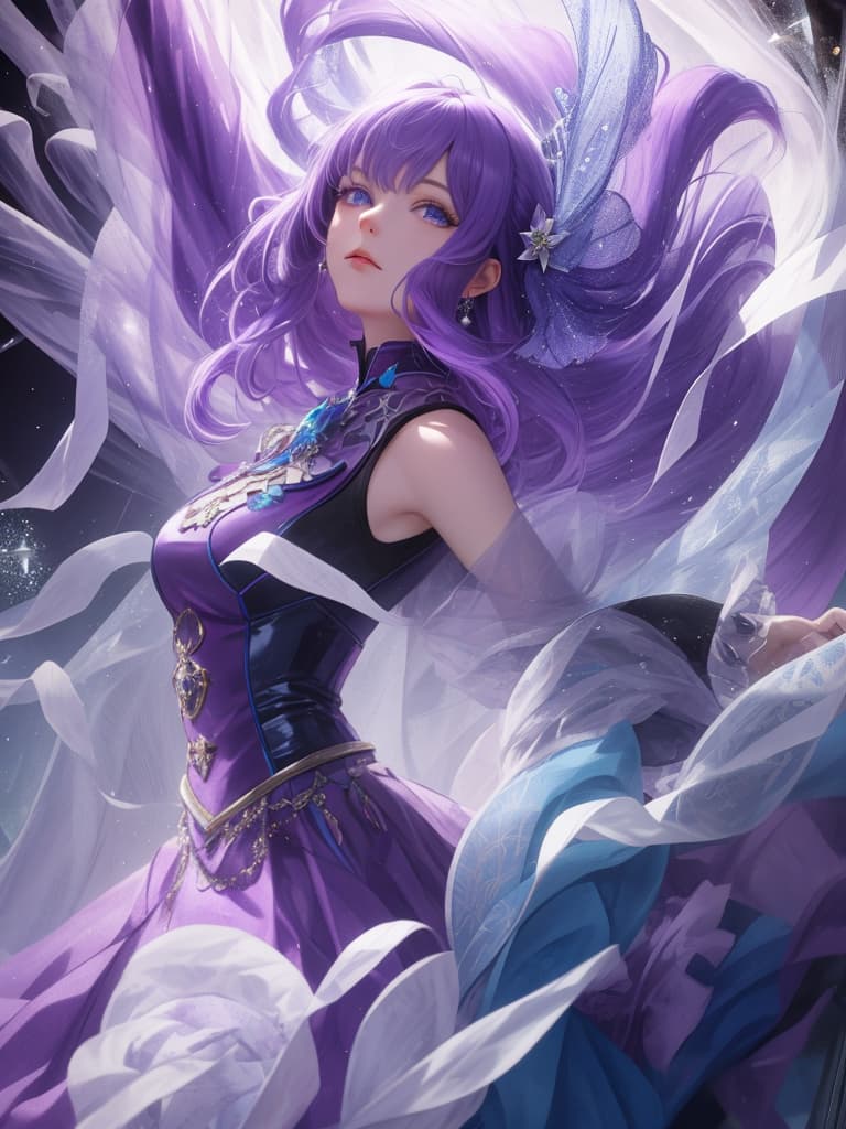  Purple hair, blue eyes, cute, idol, mystery, masterpiece, best quality,8k,ultra detailed,high resolution,an extremely delicate and beautiful,hyper detail