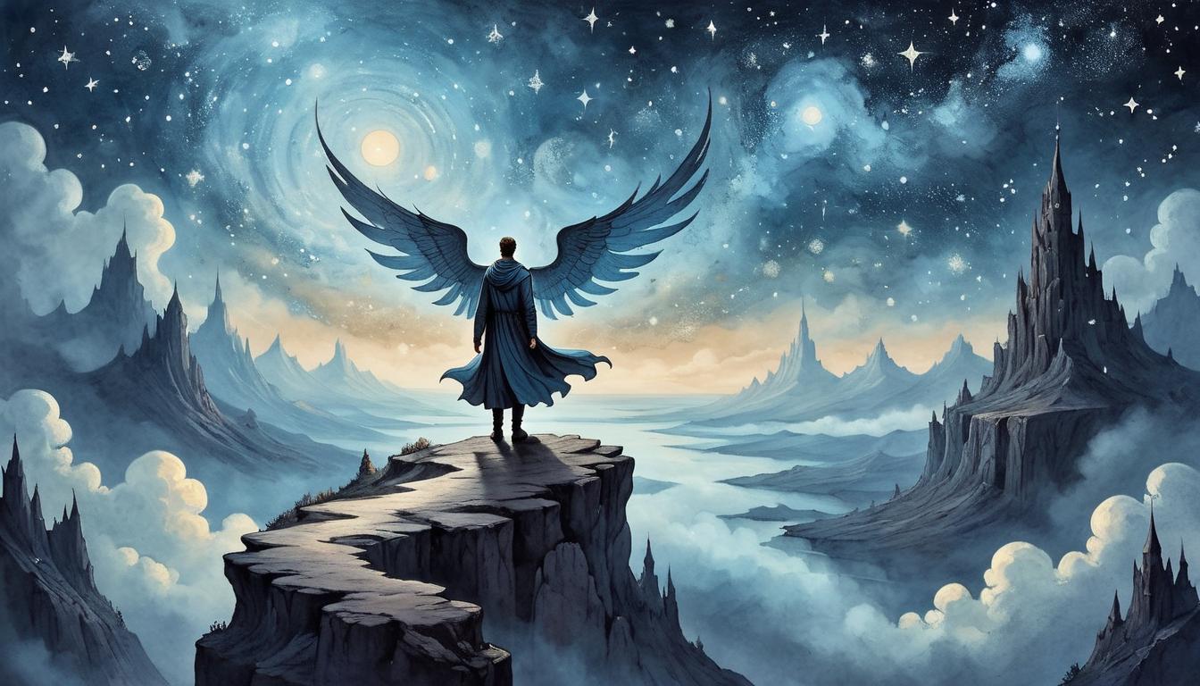  on parchment, surrealism+++, A figure with wings made of stardust, standing on the edge of a cliff, overlooking a vast night sky, stars twinkling, dreamy, otherworldly(mysterious, provocative, symbolic,muted color)+++