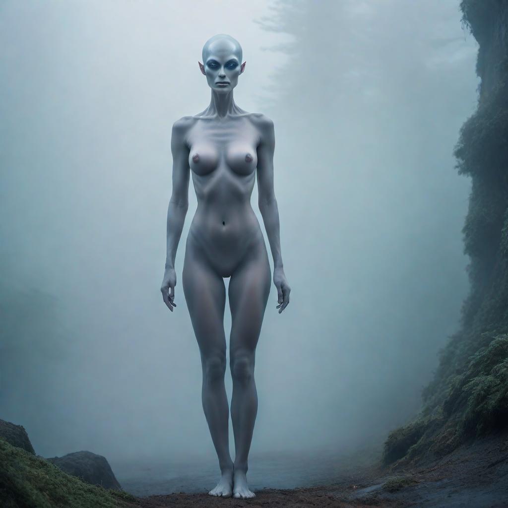  A tall alien woman, naked, standing in some fog. The alien woman should have a unique, otherworldly appearance and be partially obscured by ethereal fog, creating a mysterious and surreal atmosphere. hyperrealistic, full body, detailed clothing, highly detailed, cinematic lighting, stunningly beautiful, intricate, sharp focus, f/1. 8, 85mm, (centered image composition), (professionally color graded), ((bright soft diffused light)), volumetric fog, trending on instagram, trending on tumblr, HDR 4K, 8K