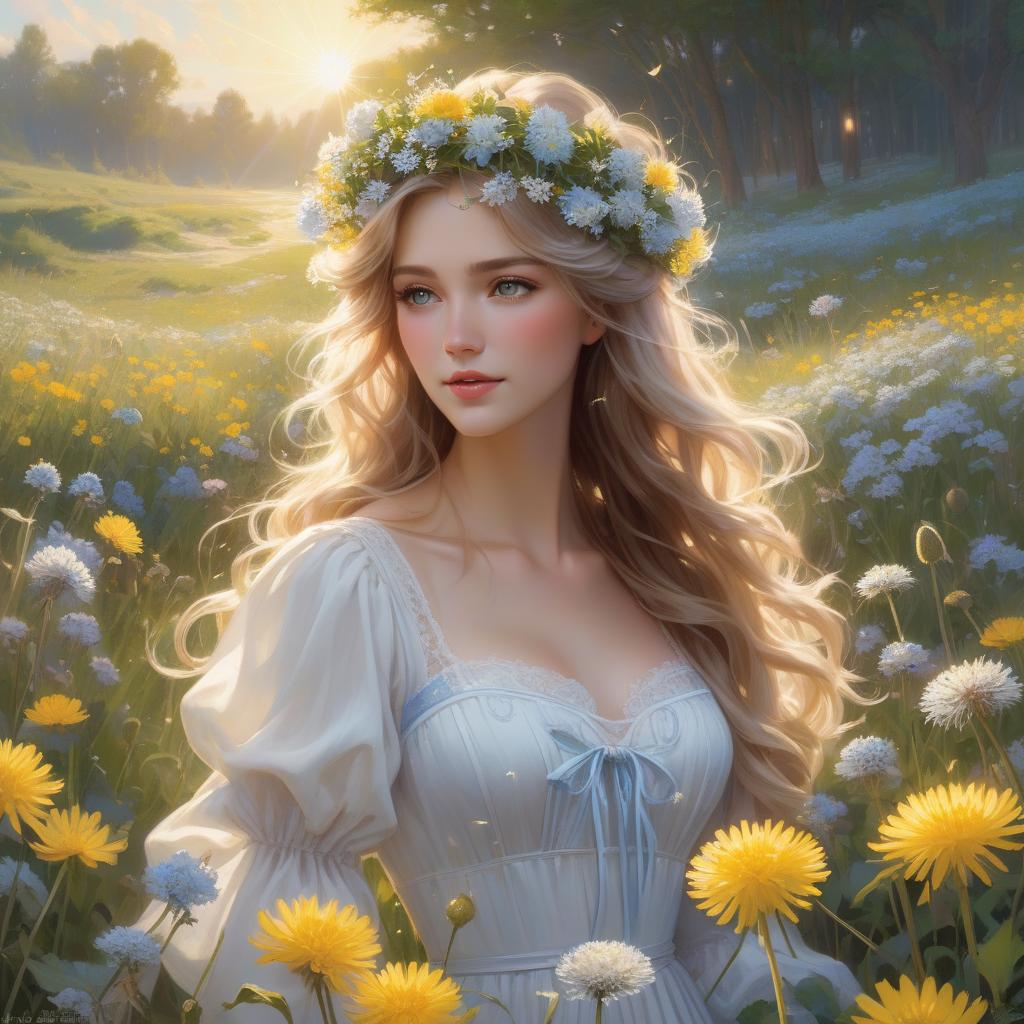  hyperrealistic art A with a floral crown and flowing hair is amidst a bright field of flowers, sunlight dappling through, creating a serene, magical atmosphere In the style of Daniel F Gerhartz and Morgan Weistling. A young with long, wavy hair adorned with small blue and white flowers blowing on a dandelion in a meadow filled with dandelions and other small flowers. She wears a white dress with puffy sleeves. The scene is ed in soft, warm light, creating a dreamy, ethereal atmosphere. Started from image: . extremely high resolution details, photographic, realism pushed to extreme, fine texture, incredibly lifelike hyperrealistic, full body, detailed clothing, highly detailed, cinematic lighting, stunningly beautiful, intricate, sharp focus, f/1. 8, 85mm, (centered image composition), (professionally color graded), ((bright soft diffused light)), volumetric fog, trending on instagram, trending on tumblr, HDR 4K, 8K