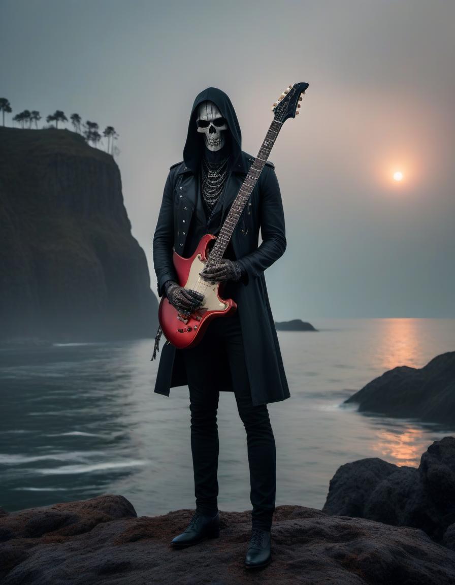  horror themed Gothic with an electric guitar, big s, sea in the background. . eerie, unsettling, dark, spooky, suspenseful, grim, highly detailed hyperrealistic, full body, detailed clothing, highly detailed, cinematic lighting, stunningly beautiful, intricate, sharp focus, f/1. 8, 85mm, (centered image composition), (professionally color graded), ((bright soft diffused light)), volumetric fog, trending on instagram, trending on tumblr, HDR 4K, 8K