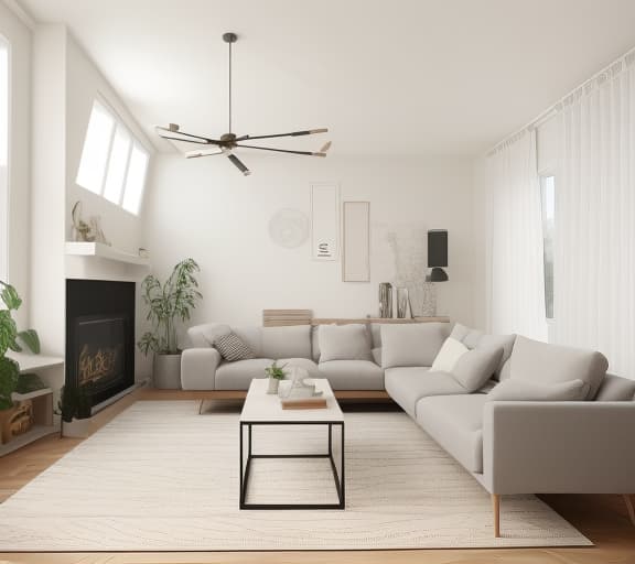  Living Room, Cozy, comfortable, family time, relaxation, entertainment, decor, furniture, lighting The room depicted in the image exhibits a minimalist and contemporary living room theme, emphasizing clean lines and neutral tones. Contemporary minimalist living room with a white sectional sofa, wooden accent chairs, geometric rug, and large leaf artwork. minimalist, contemporary, living room, white sectional sofa, wooden accent chairs, geometric rug, large leaf artwork earhty colors