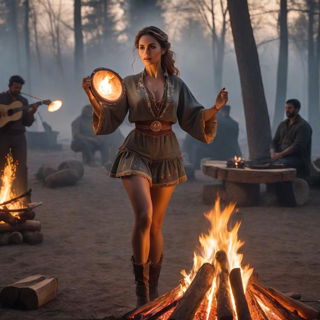  a woman dances with a tambourine by the campfire hyperrealistic, full body, detailed clothing, highly detailed, cinematic lighting, stunningly beautiful, intricate, sharp focus, f/1. 8, 85mm, (centered image composition), (professionally color graded), ((bright soft diffused light)), volumetric fog, trending on instagram, trending on tumblr, HDR 4K, 8K