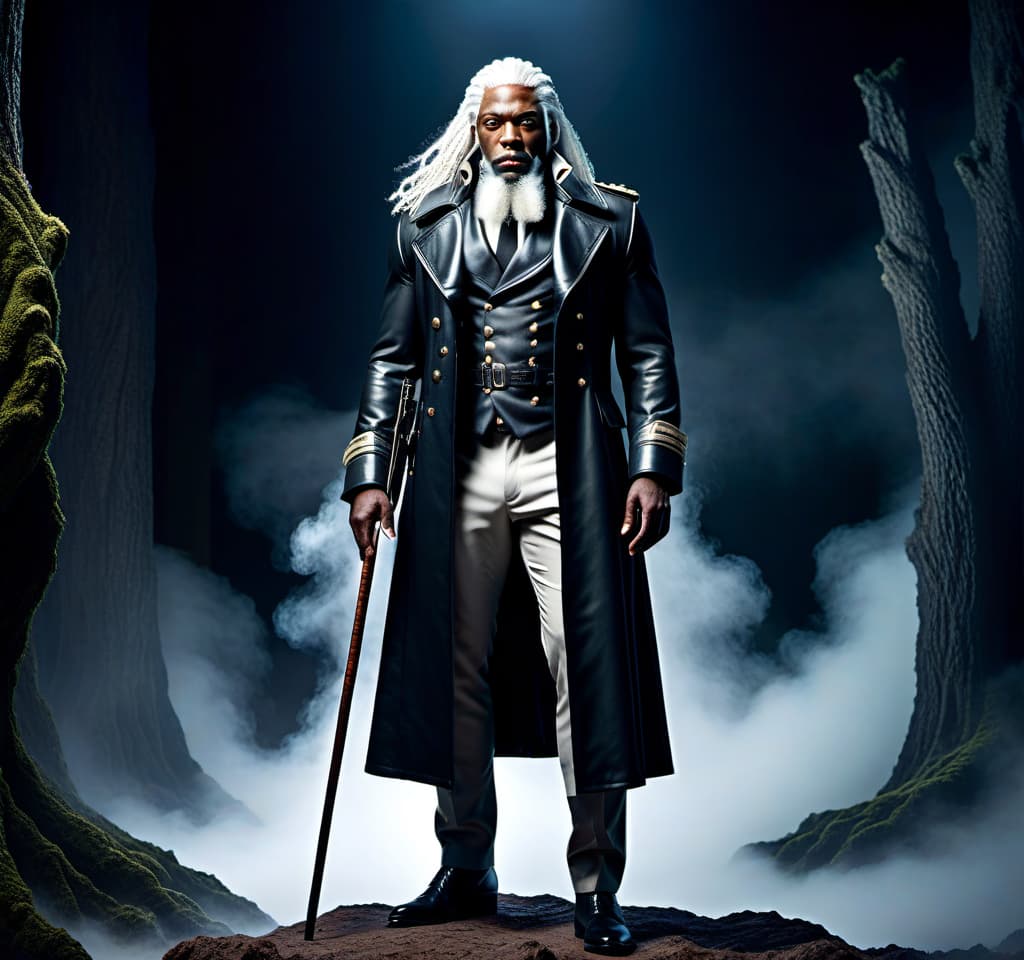  lovecraftian horror A black man, soldier, in a coat, with a beard, long white hair, standing upright, muscular build, height 2 meters, a cane in his right hand. . eldritch, cosmic horror, unknown, mysterious, surreal, highly detailed hyperrealistic, full body, detailed clothing, highly detailed, cinematic lighting, stunningly beautiful, intricate, sharp focus, f/1. 8, 85mm, (centered image composition), (professionally color graded), ((bright soft diffused light)), volumetric fog, trending on instagram, trending on tumblr, HDR 4K, 8K