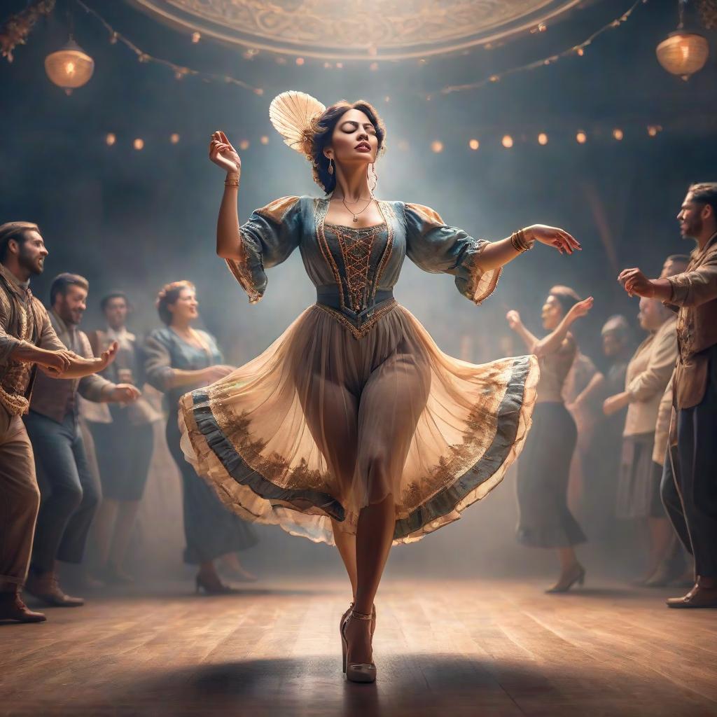  a woman dances with a tambourine hyperrealistic, full body, detailed clothing, highly detailed, cinematic lighting, stunningly beautiful, intricate, sharp focus, f/1. 8, 85mm, (centered image composition), (professionally color graded), ((bright soft diffused light)), volumetric fog, trending on instagram, trending on tumblr, HDR 4K, 8K