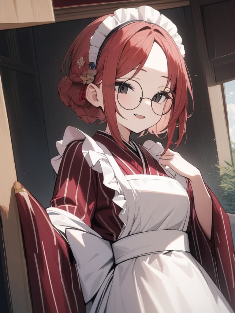  ultra detailed:1.2,masterpiece:1.2,best quality,masterpiece,bestquality,hdr:1.1,8k:1.1,very cute girl:1.3,(wine red color kimono,vertical striped kimono:1.3),(gles,round eyewear:1.4),(black eye:1.4),(maid headdress:1.5),(white apron:1.4),upper body:1.3,face focus:1.4,old Japanese room:1.5,(open mouth,fang:1.1),(light smile:1.3),(short hair,forehead:1.2),hair pin, masterpiece, best quality,8k,ultra detailed,high resolution,an extremely delicate and beautiful,hyper detail