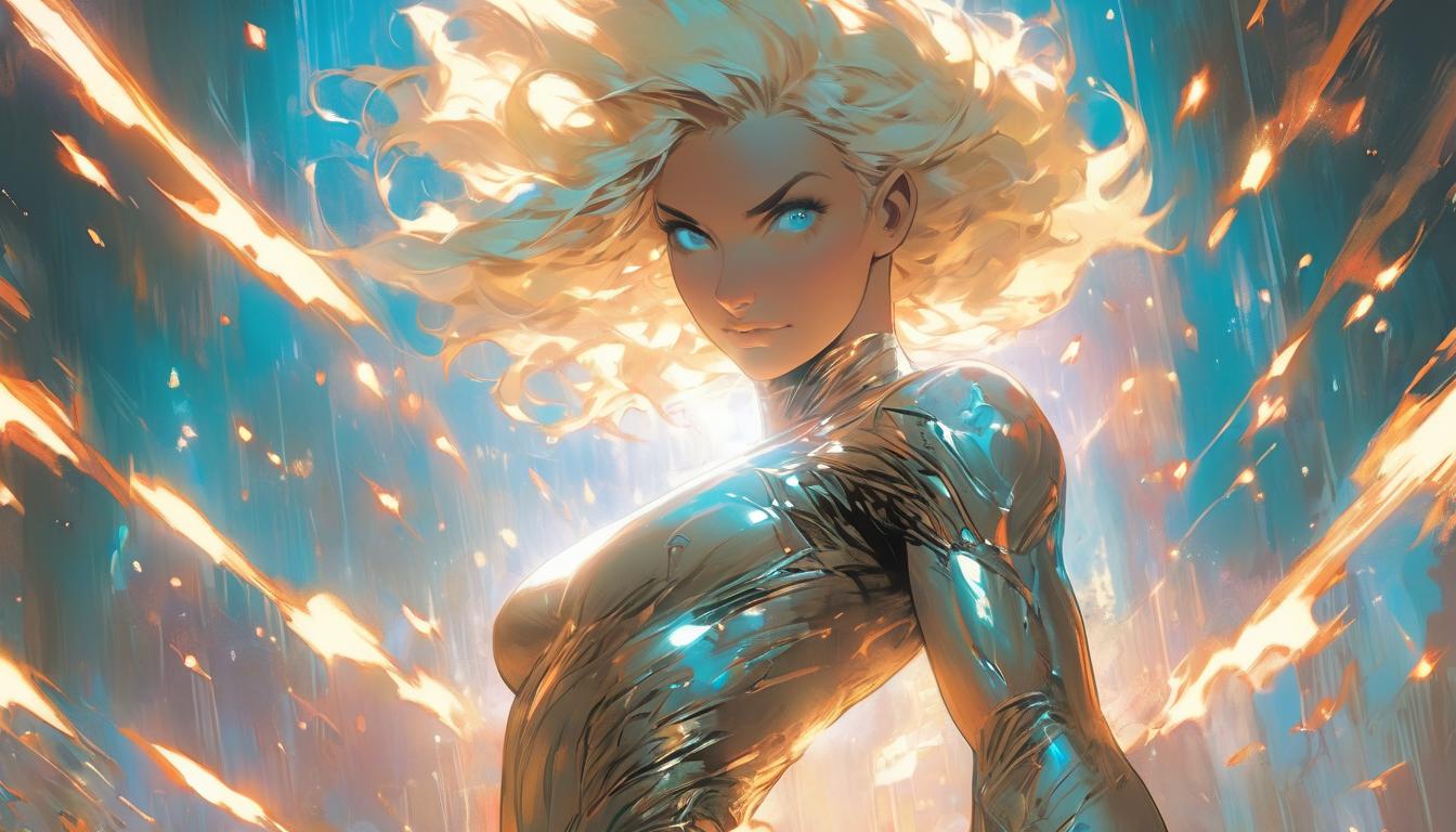  hyperrealism,fantasy aesthetic1woman, large busted attractive blonde arian female humanoid, hand reaching towards luminous light, background of ascending stars, high tech clothing clad in sleek, futuristic costume with metallic accents and form fitting designs, marvel superhero comics style, unreal engine rendering