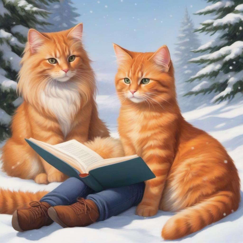  A girl with long, light-colored hair is sitting in the snow, reading a book while snuggled up against a large, fluffy orange cat. The scene has a warm, cozy, and whimsical feel, with the cat's paws and face visible as it appears to be sheltering the girl. The background is blurred, but suggests a snowy, winter setting