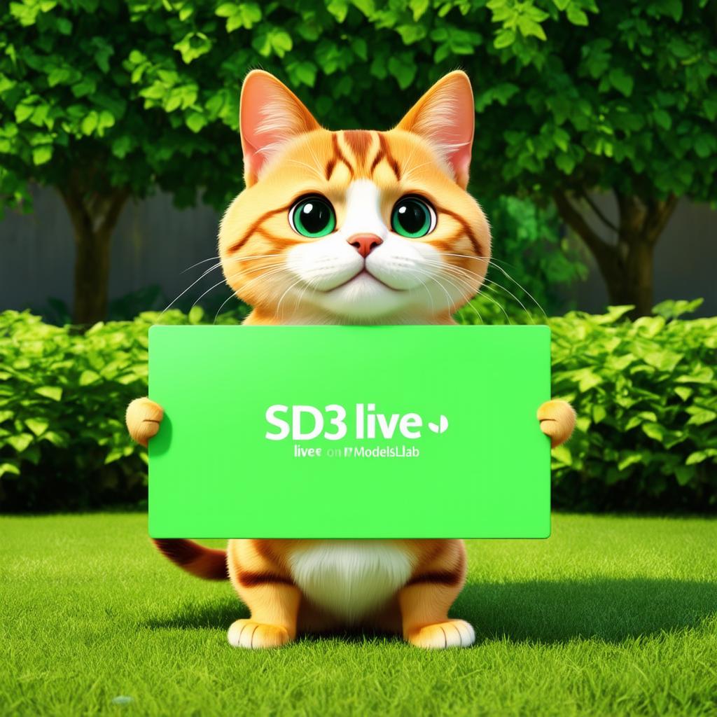  cute 3d cat holding big sign board say 'SD3 live on ModelsLab', green garden in background