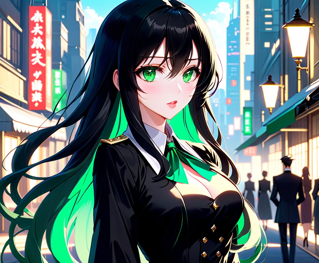  anime artwork beautiful , , green eyes, long black wavy hair, slender figure, small neat s, dressed in a black dress with a white collar and white cuffs, full length, against the backdrop of a modern city. (photorealism, oil painting: 1.3), (full length shot: 1.3), mesmerizing , long flowing black hair, (large sensual mouth: 1.2), plump lips, sparkling emerald eyes, narrow waist, (sensual figure: 1,2), silvery glow, ethereal aura, detailed brushwork, intricate shadows and highlights, mysterious and captivating expression, unique color palette, masterful use of light and shadow, captivating atmosphere, raw emotion, intense gaze, dynamic composition . . anime style, key visual, vint, studio anime, highly d hyperrealistic, full body, detailed clothing, highly detailed, cinematic lighting, stunningly beautiful, intricate, sharp focus, f/1. 8, 85mm, (centered image composition), (professionally color graded), ((bright soft diffused light)), volumetric fog, trending on instagram, trending on tumblr, HDR 4K, 8K