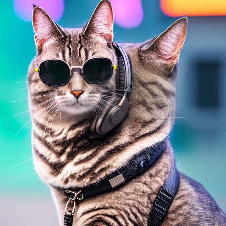 nvinkpunk Realistic image of a cat wearing headphones and reading glasses while riding a bus, realism hyperrealistic, full body, detailed clothing, highly detailed, cinematic lighting, stunningly beautiful, intricate, sharp focus, f/1. 8, 85mm, (centered image composition), (professionally color graded), ((bright soft diffused light)), volumetric fog, trending on instagram, trending on tumblr, HDR 4K, 8K