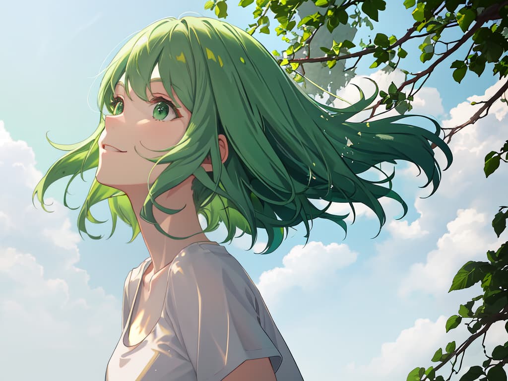  Green hair girl, profile, white T shirt, summer, looking up at the sky, smiling, wolf cut hair, masterpiece, best quality,8k,ultra detailed,high resolution,an extremely delicate and beautiful,hyper detail