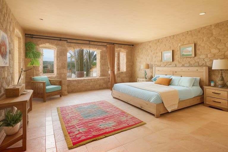  The image displays a Mediterranean style theme, prominently featuring vibrant colors, natural light, and a mix of traditional and rustic elements. Mediterranean style with vibrant colorful textiles, rustic decor, large open archway to sea view, natural light, and traditional accents. Mediterranean, colorful, rustic, archway, sea view, natural light, traditional accents