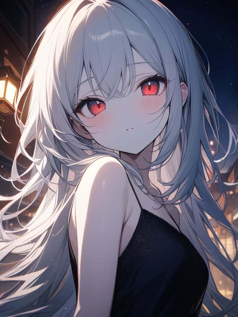  Cute, girl, young face, white skin, thin body, fluffy hair, white hair color, bright red eyes, large eyes, night, starry sky, camisole dress, masterpiece, best quality,8k,ultra detailed,high resolution,an extremely delicate and beautiful,hyper detail