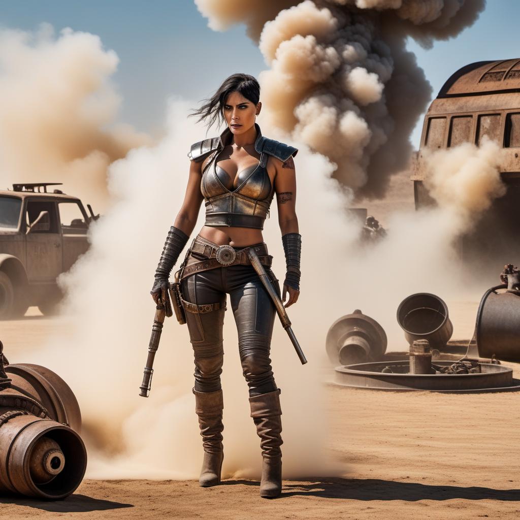  Jyoti Gondek, styled as Mad Max with fierce armor and post-apocalyptic clothing, dramatically turning on a large, industrial-style water valve. Below her, a crowd of people in a dusty, barren landscape eagerly waiting to receive the water. hyperrealistic, full body, detailed clothing, highly detailed, cinematic lighting, stunningly beautiful, intricate, sharp focus, f/1. 8, 85mm, (centered image composition), (professionally color graded), ((bright soft diffused light)), volumetric fog, trending on instagram, trending on tumblr, HDR 4K, 8K