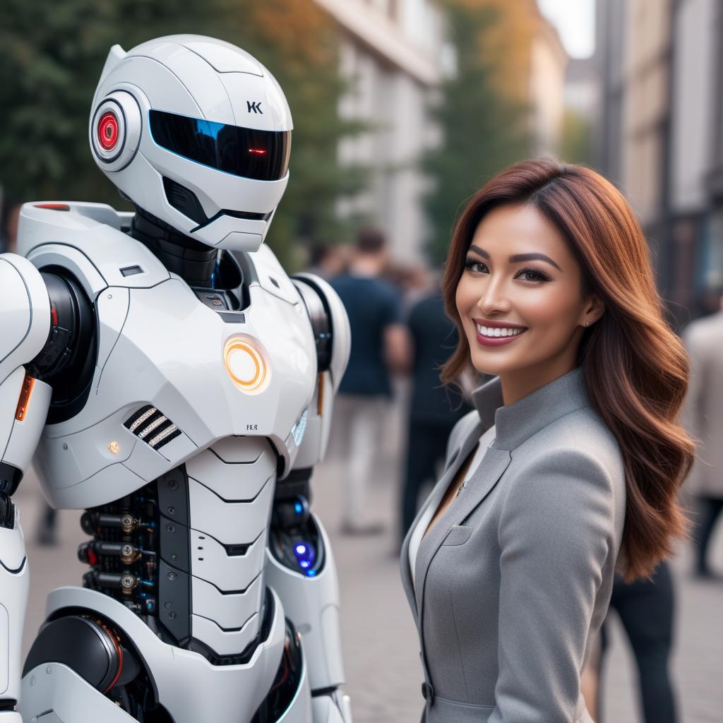  A friendly AI assistant greeting a user with a smile on its face. hyperrealistic, full body, detailed clothing, highly detailed, cinematic lighting, stunningly beautiful, intricate, sharp focus, f/1. 8, 85mm, (centered image composition), (professionally color graded), ((bright soft diffused light)), volumetric fog, trending on instagram, trending on tumblr, HDR 4K, 8K