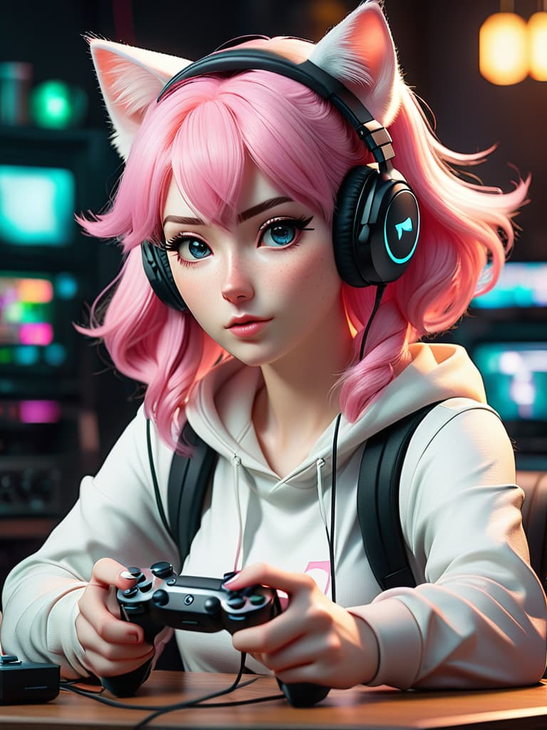  score 9,score 8 up, score 7 up, photograph of a cute gamer girl, pale skin, pink hair, medium hair, freckles, headphones, cat ears, holding game controller <lora:PsyCartoonPony:1> hyperrealistic, full body, detailed clothing, highly detailed, cinematic lighting, stunningly beautiful, intricate, sharp focus, f/1. 8, 85mm, (centered image composition), (professionally color graded), ((bright soft diffused light)), volumetric fog, trending on instagram, trending on tumblr, HDR 4K, 8K