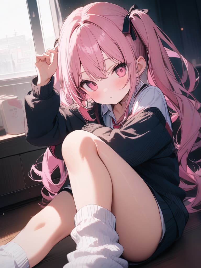  Cute, , young face, thin body, fluffy hair, fluffy long hair, twin tails, pink hair color, pink eyes, big s, cardigan, uniform, loose socks, mini s, masterpiece, best quality,8k,ultra detailed,high resolution,an extremely delicate and beautiful,hyper detail