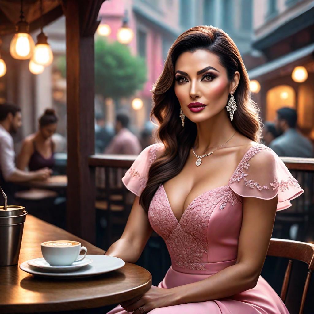  Draw a woman in a pink dress sitting in a quiet cafe. hyperrealistic, full body, detailed clothing, highly detailed, cinematic lighting, stunningly beautiful, intricate, sharp focus, f/1. 8, 85mm, (centered image composition), (professionally color graded), ((bright soft diffused light)), volumetric fog, trending on instagram, trending on tumblr, HDR 4K, 8K