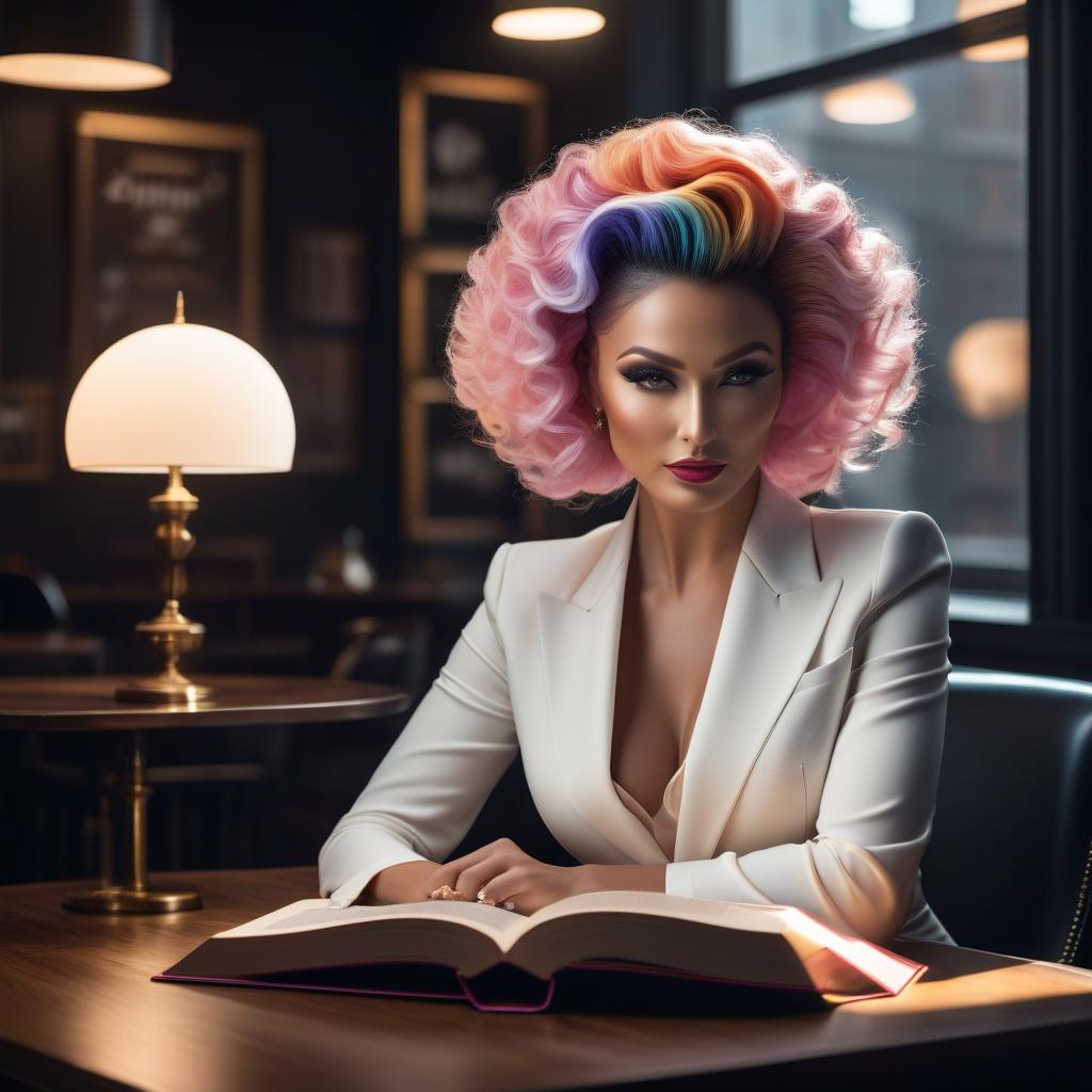  Colorful chic lady with a fashionable hairstyle sits with a book at the table, background is black and white, sunlight illuminates her face and book. There is a neon sign on the wall "BOOK", 8k hyperrealistic, full body, detailed clothing, highly detailed, cinematic lighting, stunningly beautiful, intricate, sharp focus, f/1. 8, 85mm, (centered image composition), (professionally color graded), ((bright soft diffused light)), volumetric fog, trending on instagram, trending on tumblr, HDR 4K, 8K