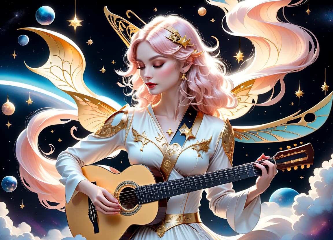  fairy tale Pastel drawing. Classical guitar with clearly defined seven nylon strings. The top is a solid gold color. The neck is black, smooth. There are seven straight metal pegs on the headstock. In the background: space with stars and planets. . magical, fantastical, enchanting, storybook style, highly detailed, T SHIRT DESIGN hyperrealistic, full body, detailed clothing, highly detailed, cinematic lighting, stunningly beautiful, intricate, sharp focus, f/1. 8, 85mm, (centered image composition), (professionally color graded), ((bright soft diffused light)), volumetric fog, trending on instagram, trending on tumblr, HDR 4K, 8K