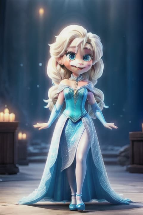  Queen Elsa of Frozen movie, Queen Elsa, Cartoon style, full body shot, intricate technology, Trending on Artstation, 4K, Masterpiece, Cinematic lighting, Ultra detailed, 8k, pop art, symmetrical balance, jewelry, peaceful, happy