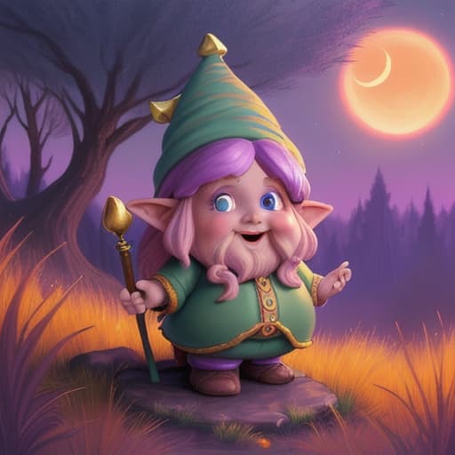  80's fantasy art, A small plump gnome with flowing gold locks and blue eyes, singing cheerfully under the twilight sky in a forest with tall, dry grass and sparse trees, seeking shelter for the night. The sky is painted with hues of orange and purple.