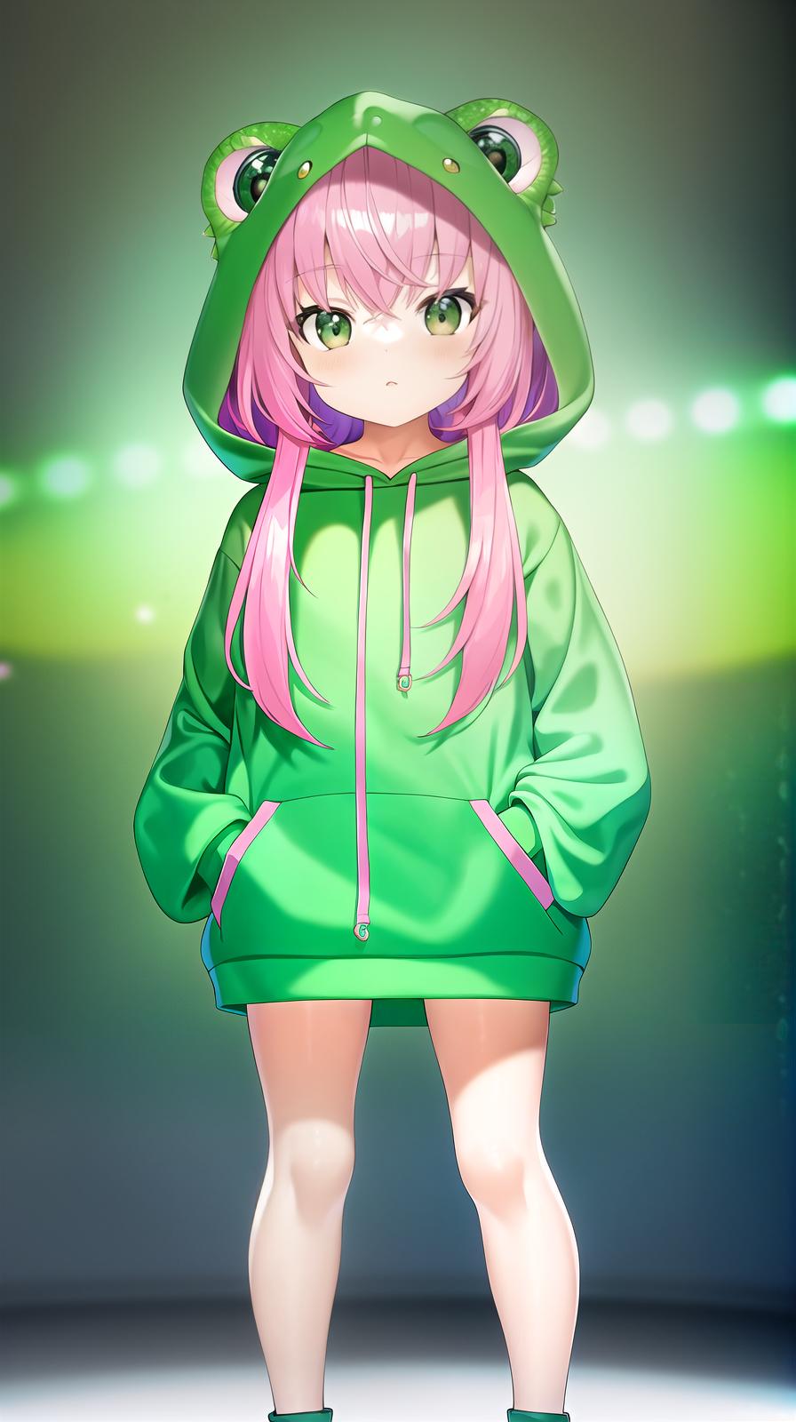  master piece , best quality,Green chameleon hooded hoodie pink inner colored hair cute little girl full body standing