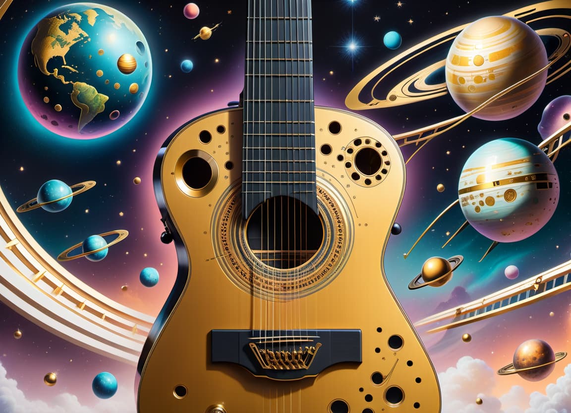  cybernetic style Pastel drawing. Classical guitar with clearly defined seven nylon strings. The top is a solid gold color. The neck is black, smooth. There are seven straight metal pegs on the headstock. In the background: space with stars and planets. . futuristic, technological, cybernetic enhancements, robotics, artificial intelligence themes, T SHIRT DESIGN hyperrealistic, full body, detailed clothing, highly detailed, cinematic lighting, stunningly beautiful, intricate, sharp focus, f/1. 8, 85mm, (centered image composition), (professionally color graded), ((bright soft diffused light)), volumetric fog, trending on instagram, trending on tumblr, HDR 4K, 8K