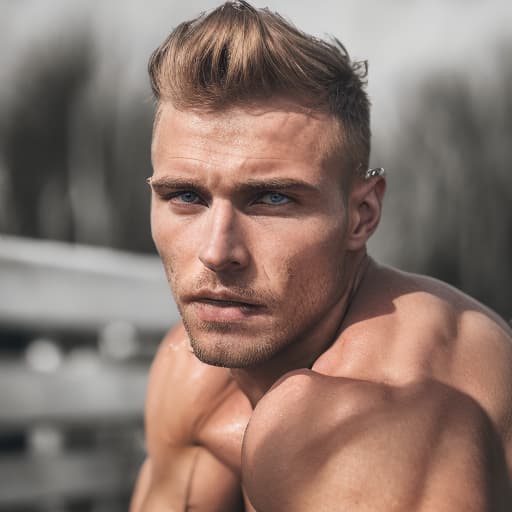 portrait+ style Russian queer fitness model blonde hunk dilf dude face