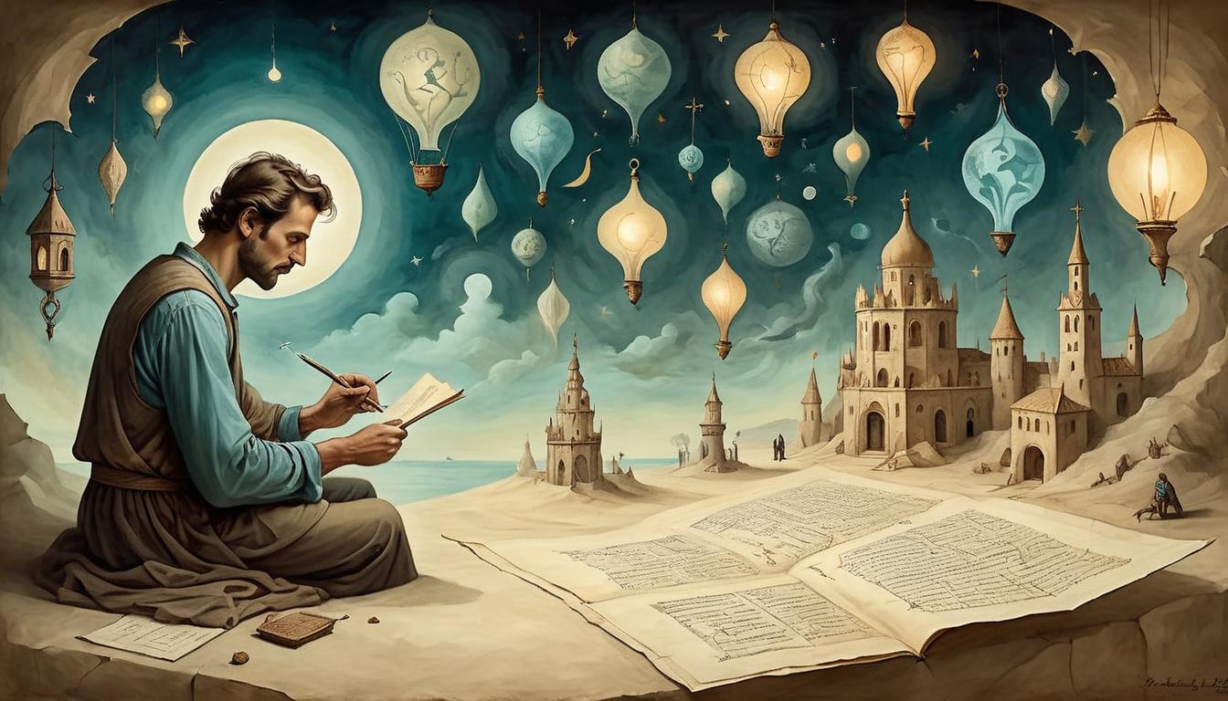  on parchment, surrealism+++, A figure immersed in daily activities, a soft glow surrounding, each moment infused with warmth, serene, connected(mysterious, provocative, symbolic,muted color)+++