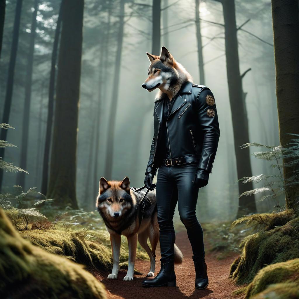  2D, fairy tale like image, simplified style, a wolf walking through the forest in a leather rocker jacket. hyperrealistic, full body, detailed clothing, highly detailed, cinematic lighting, stunningly beautiful, intricate, sharp focus, f/1. 8, 85mm, (centered image composition), (professionally color graded), ((bright soft diffused light)), volumetric fog, trending on instagram, trending on tumblr, HDR 4K, 8K