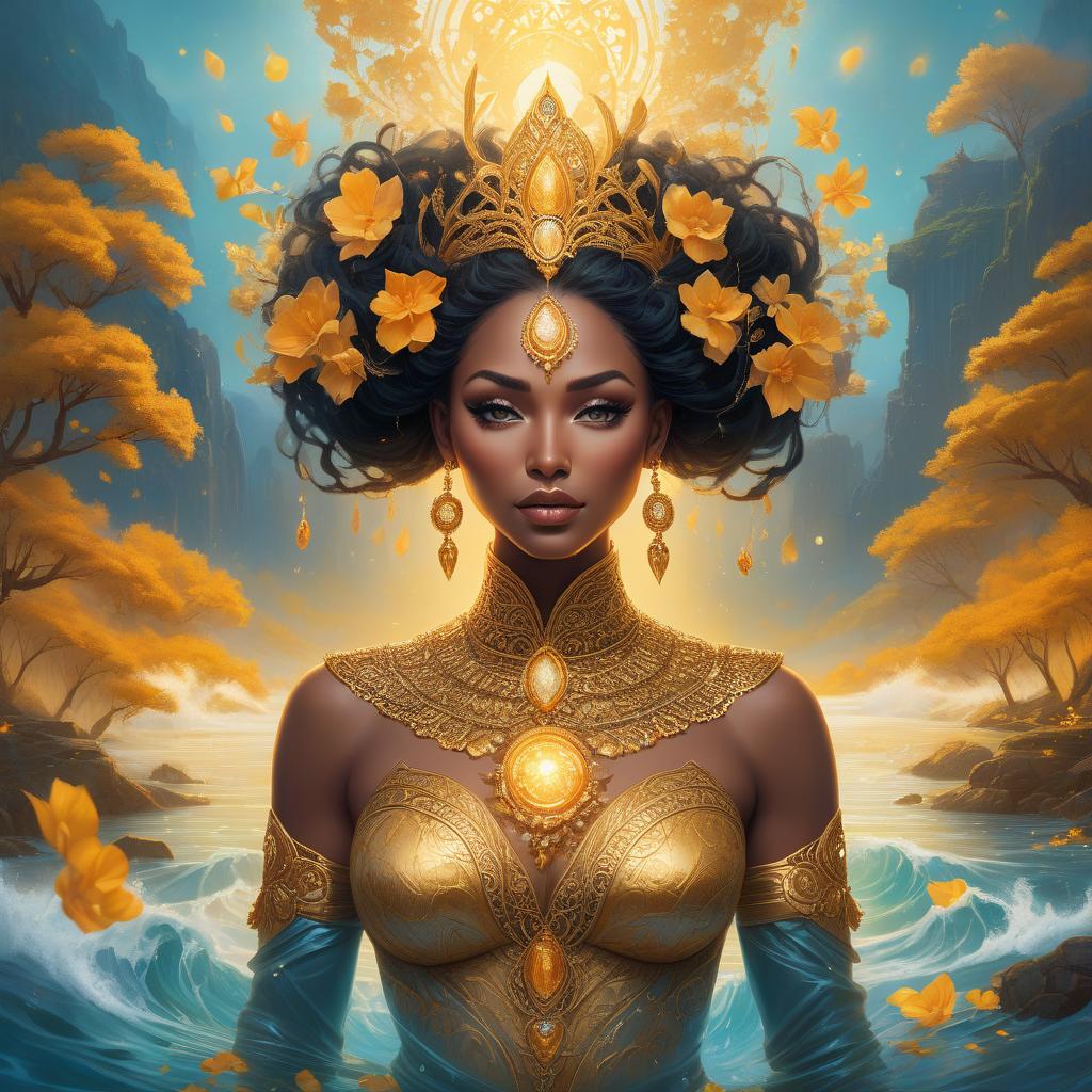  A fantasy portrait of a woman adorned with golden floral ornaments, surrounded by a mystical, luminous landscape with water elements. An insanely hyperdetailed whimsical fantasical painting of the Goddess Oshun, the Yoruba goddess of love, fertility, and rivers. She is typically depicted as a beautiful woman adorned with gold and surrounded by flowing water. Genres: Fantasy, Mythology. Styles: Whimsical, Surreal. Techniques: Hyperrealism, Digital Painting. Lights: Warm and Radiant. Colors: Golden yellows, bright oranges, warm browns, and deep blues. Descriptive terms: Lush, Opulent, Serene, Mystical, and Nurturing. This masterpiece digital artwork would be best painted by artists such as Tara McPherson, Audrey Kawasaki, Nicoletta Ceccoli, M hyperrealistic, full body, detailed clothing, highly detailed, cinematic lighting, stunningly beautiful, intricate, sharp focus, f/1. 8, 85mm, (centered image composition), (professionally color graded), ((bright soft diffused light)), volumetric fog, trending on instagram, trending on tumblr, HDR 4K, 8K