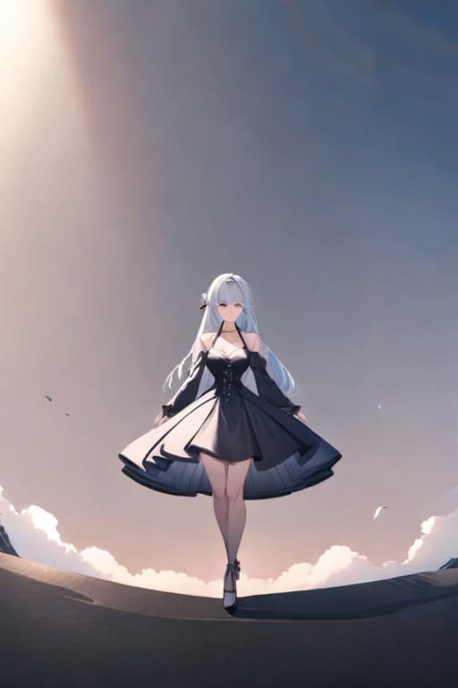  A white haired girl wearing a black tight spaghetti strap dress, dark blue background, victorian style illustration, anime 2D style hyperrealistic, full body, detailed clothing, highly detailed, cinematic lighting, stunningly beautiful, intricate, sharp focus, f/1. 8, 85mm, (centered image composition), (professionally color graded), ((bright soft diffused light)), volumetric fog, trending on instagram, trending on tumblr, HDR 4K, 8K