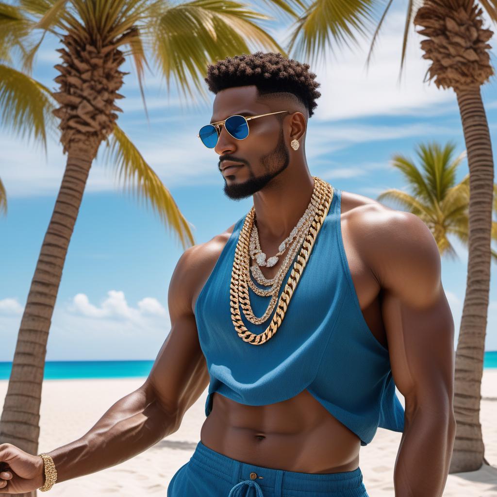  A stylish male model at the beach wearing a prominent diamond-clustered Cuban link chain. The scene includes tall palm trees, a pristine beach with soft sand, a bright blue sky, and a shimmering ocean in the background. The male model should look confident and relaxed, embodying a luxurious and tropical vibe. hyperrealistic, full body, detailed clothing, highly detailed, cinematic lighting, stunningly beautiful, intricate, sharp focus, f/1. 8, 85mm, (centered image composition), (professionally color graded), ((bright soft diffused light)), volumetric fog, trending on instagram, trending on tumblr, HDR 4K, 8K