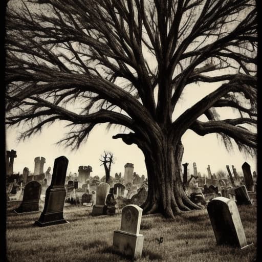  A rustic creepy graveyard with a large dead tree in the background.