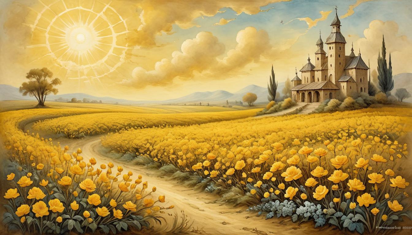  on parchment, surrealism+++, A field of blossoming golden flowers under a radiant sun, bountiful harvest, joy, abundance(mysterious, provocative, symbolic,muted color)+++