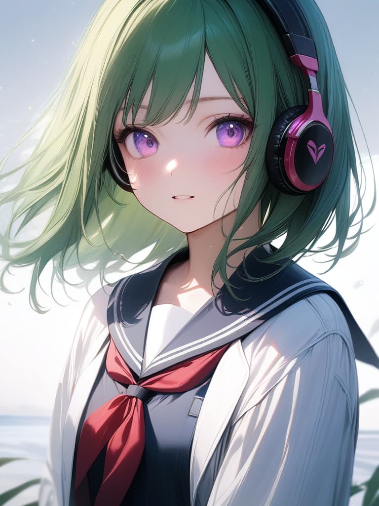  1girl,18yo,green hair,short hair,purple eyes,headphone,summer black sailor suit,very loud laugh,music note effect, realistic, masterpiece, best quality,8k,ultra detailed,high resolution,an extremely delicate and beautiful,hyper detail