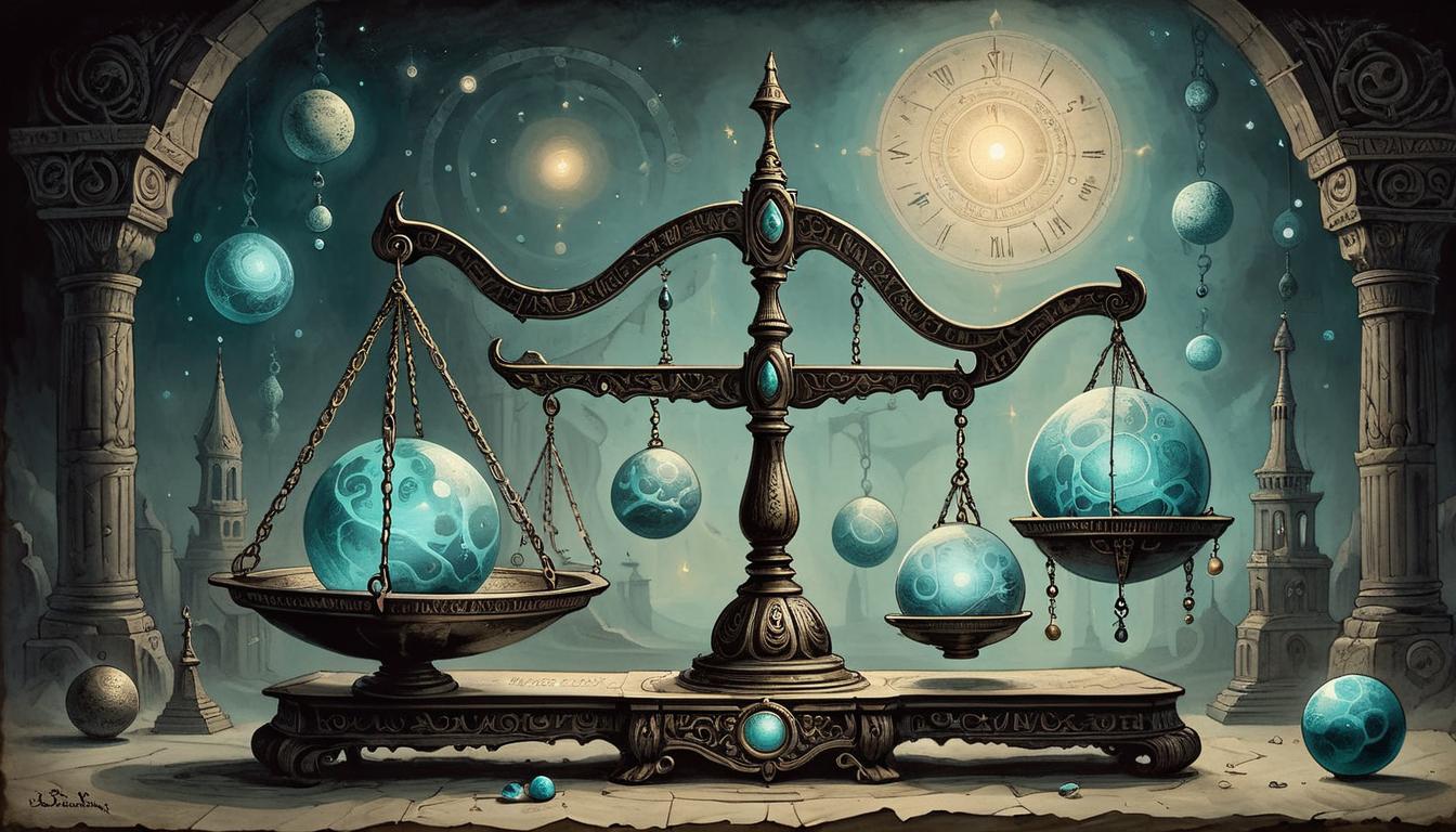  on parchment, surrealism+++, A balance scale with glowing orbs on each side, intricate designs on the scale, dark room with singular light focus on the scale, balance, intricate, deliberative(mysterious, provocative, symbolic,muted color)+++