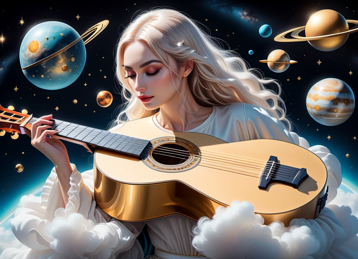  dreamscape Pastel drawing. Classical guitar with clearly defined seven nylon strings. The top is a solid gold color. The neck is black, smooth. There are seven straight metal pegs on the headstock. In the background: space with stars and planets. . surreal, ethereal, dreamy, mysterious, fantasy, highly detailed, T SHIRT DESIGN hyperrealistic, full body, detailed clothing, highly detailed, cinematic lighting, stunningly beautiful, intricate, sharp focus, f/1. 8, 85mm, (centered image composition), (professionally color graded), ((bright soft diffused light)), volumetric fog, trending on instagram, trending on tumblr, HDR 4K, 8K