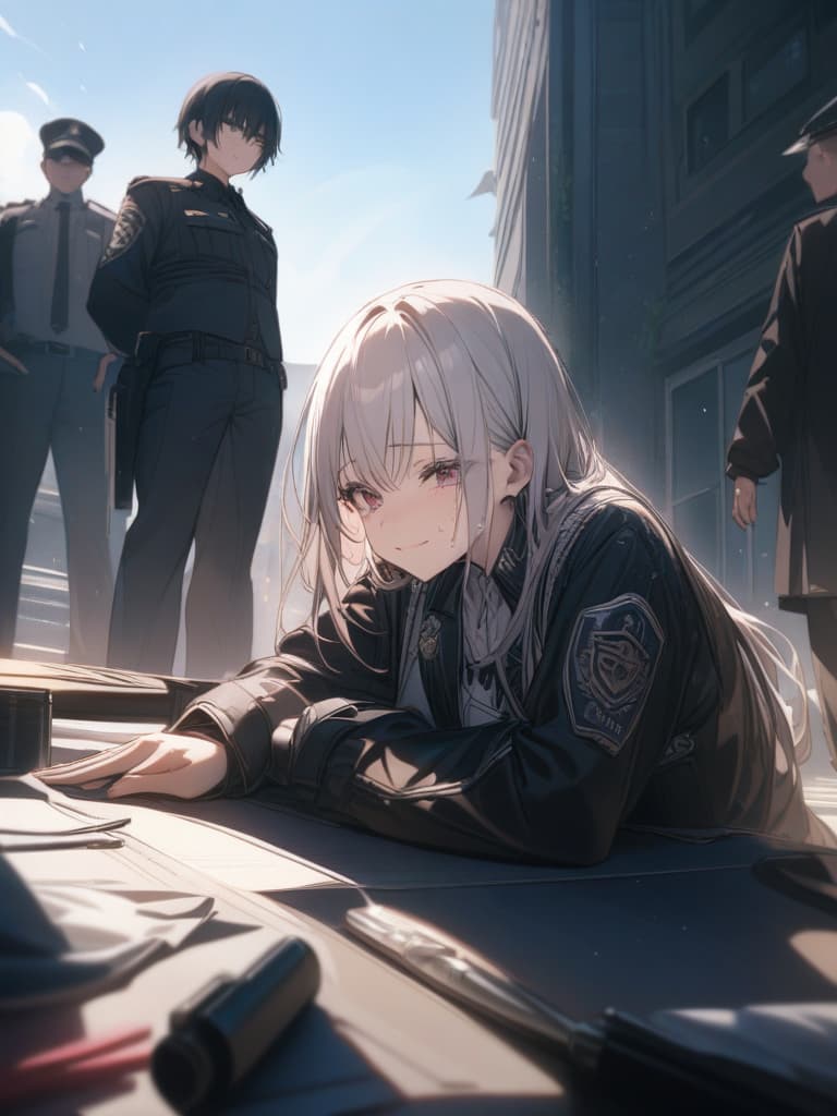  Police officer, emo, justice, crying, cute, turn your handgun against your opponent, woman, crying, smile, masterpiece, best quality,8k,ultra detailed,high resolution,an extremely delicate and beautiful,hyper detail