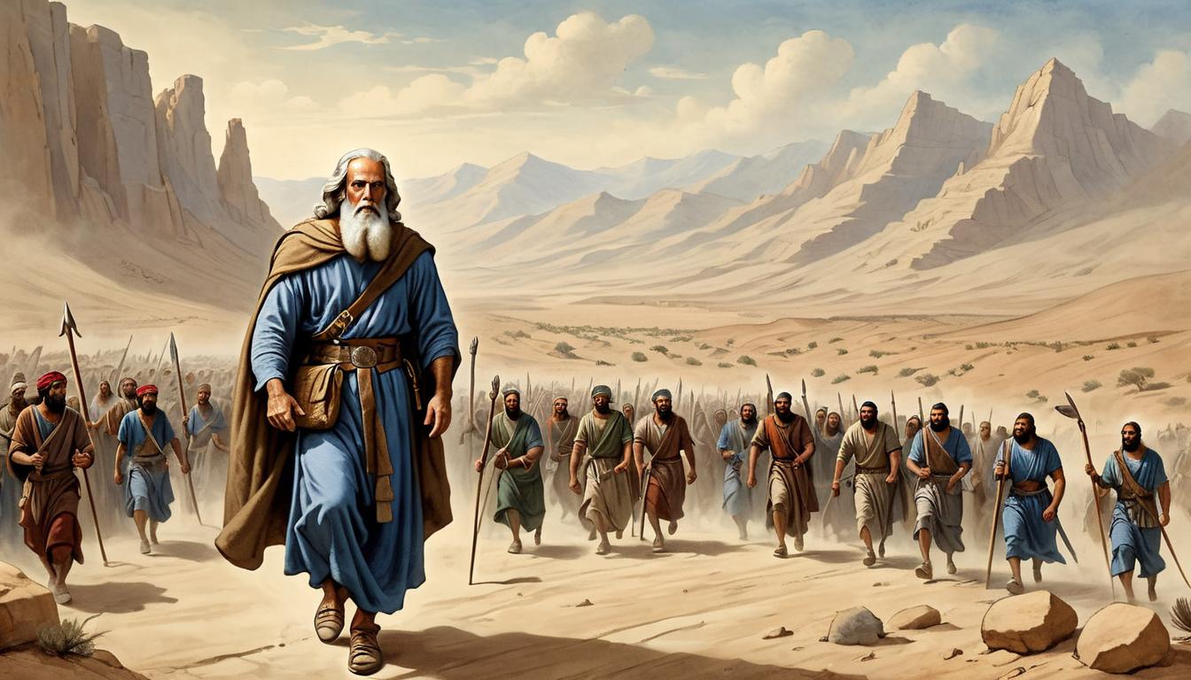  on parchment, surrealism+++, Moses, in humble clothing, with a determined expression, leading a large group of Israelites through a harsh desert terrain, distant mountains, divine purpose, exodus(mysterious, provocative, symbolic,muted color)+++