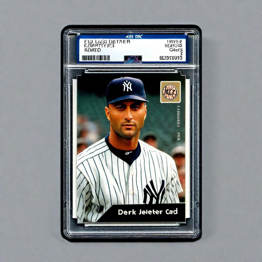  Generate an image showing the pricing estimate for a 1999 Derek Jeter Upper Deck Choice card graded PSA 9 based on market analysis and historical sales data. hyperrealistic, full body, detailed clothing, highly detailed, cinematic lighting, stunningly beautiful, intricate, sharp focus, f/1. 8, 85mm, (centered image composition), (professionally color graded), ((bright soft diffused light)), volumetric fog, trending on instagram, trending on tumblr, HDR 4K, 8K