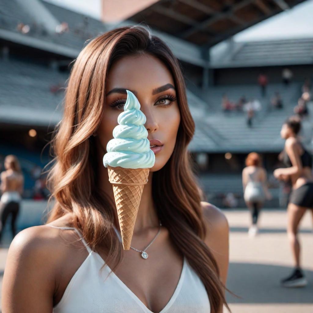  Beautiful female model wearing a diamond clustered ice cream cone pendant at a skatepark hyperrealistic, full body, detailed clothing, highly detailed, cinematic lighting, stunningly beautiful, intricate, sharp focus, f/1. 8, 85mm, (centered image composition), (professionally color graded), ((bright soft diffused light)), volumetric fog, trending on instagram, trending on tumblr, HDR 4K, 8K